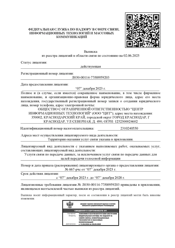 Лицензия на Услуги связи по передаче данных, за исключением услуг связи по передаче данных для целей передачи голосовой информации